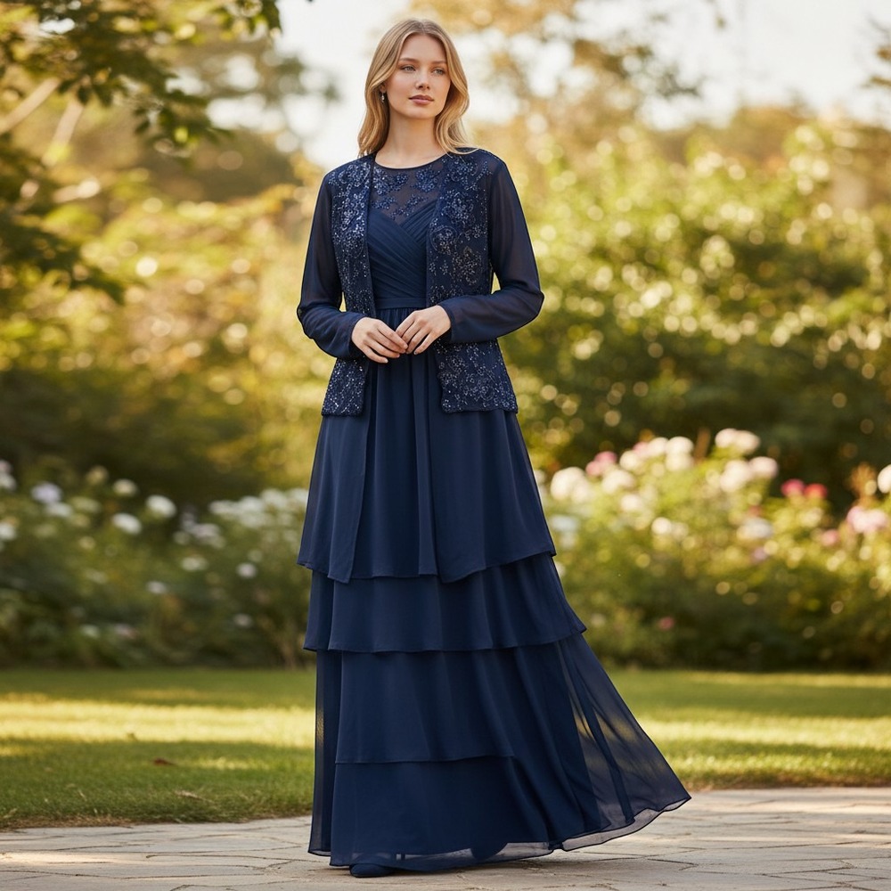 Maggie Barnes Dress Set Womens 26W Navy Blue Excellent Tiered Chiffon Maxi 9741W